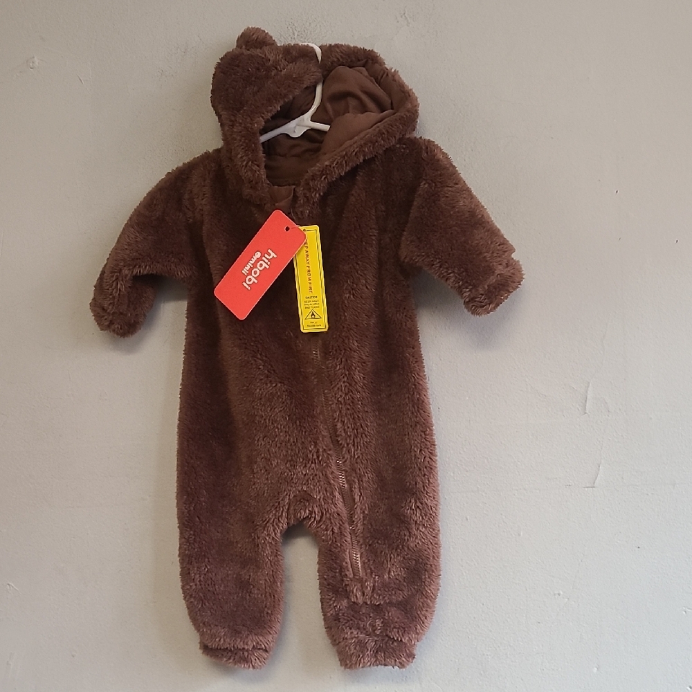 NEW baby 3-6m winter bear brown suit hooded soft fuzzy boy girl unisex w/tail